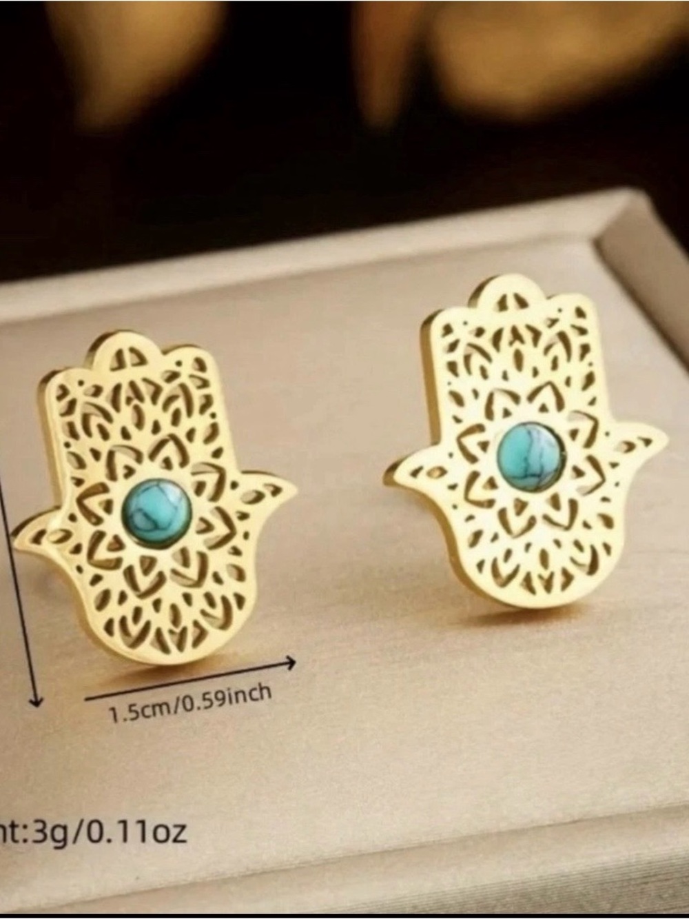 Gold Hamsa Hand Pendant Necklace and Earrings Set with Faux Turquoise Accent - Picture 3 of 4